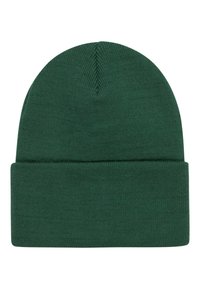 Berretto di lana verde lavorato a maglia con risvolto, caratterizzato da una texture liscia e una parte superiore senza cuciture, progettato per calore e comfort.