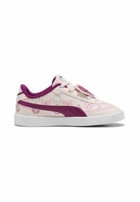 Sneaker sintetiche rosa con dettagli viola, suola bianca e una stampa di personaggi giocosi sulla parte superiore, con lacci tondi e dettagli del logo.