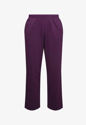 Pantaloni jogger in cotone viola con vita elasticizzata e due tasche laterali. Caratterizzati da un taglio dritto e una texture morbida.
