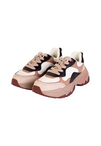 Chunky sneakers met een mix van crème, tan en donkerblauwe synthetische materialen. Beschikt over dikke zolen, een ronde teen en stevige veters.
