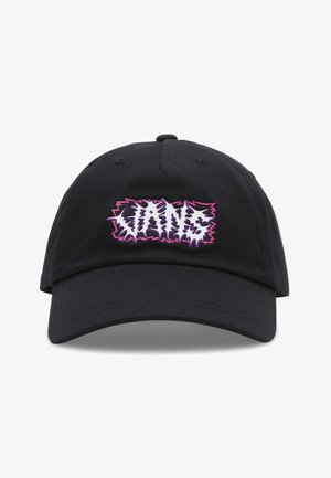 Gorra de béisbol de algodón negra con visera curvada, que presenta un logotipo gráfico de texto bordado en blanco y rosa en el panel frontal.