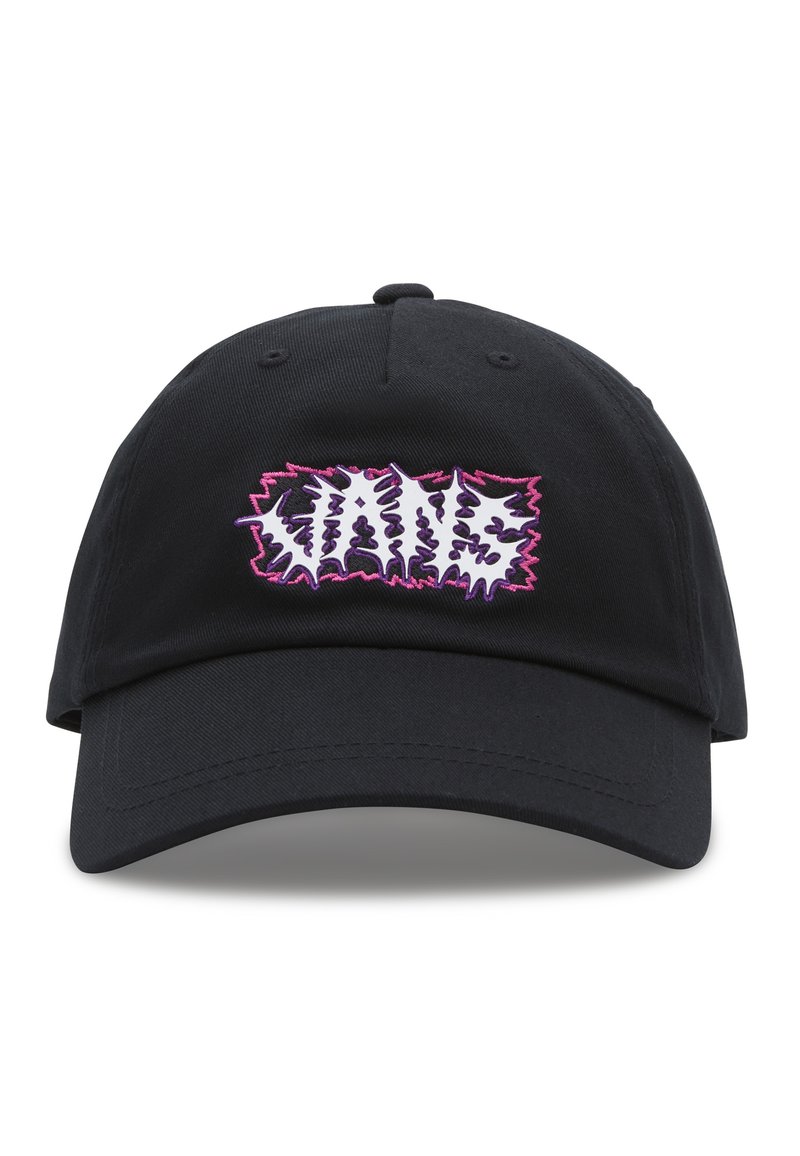 Gorra de béisbol de algodón negra con visera curvada, que presenta un logotipo gráfico de texto bordado en blanco y rosa en el panel frontal.