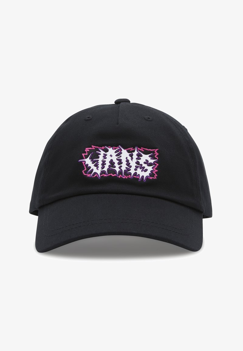 Gorra de béisbol de algodón negra con visera curvada, que presenta un logotipo gráfico de texto bordado en blanco y rosa en el panel frontal.