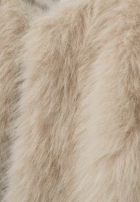 Nærbillede af blød, lys beige pels med lange, fluffy strå, der skaber et tekstureret, naturligt mønster.