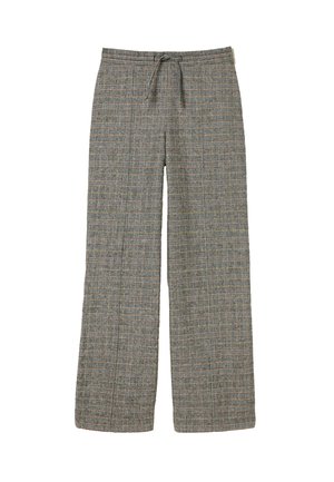 Gray plaid wide-leg trousers with a drawstring waist. Features a textured fabric with blue, orange, and white lines forming a check pattern.