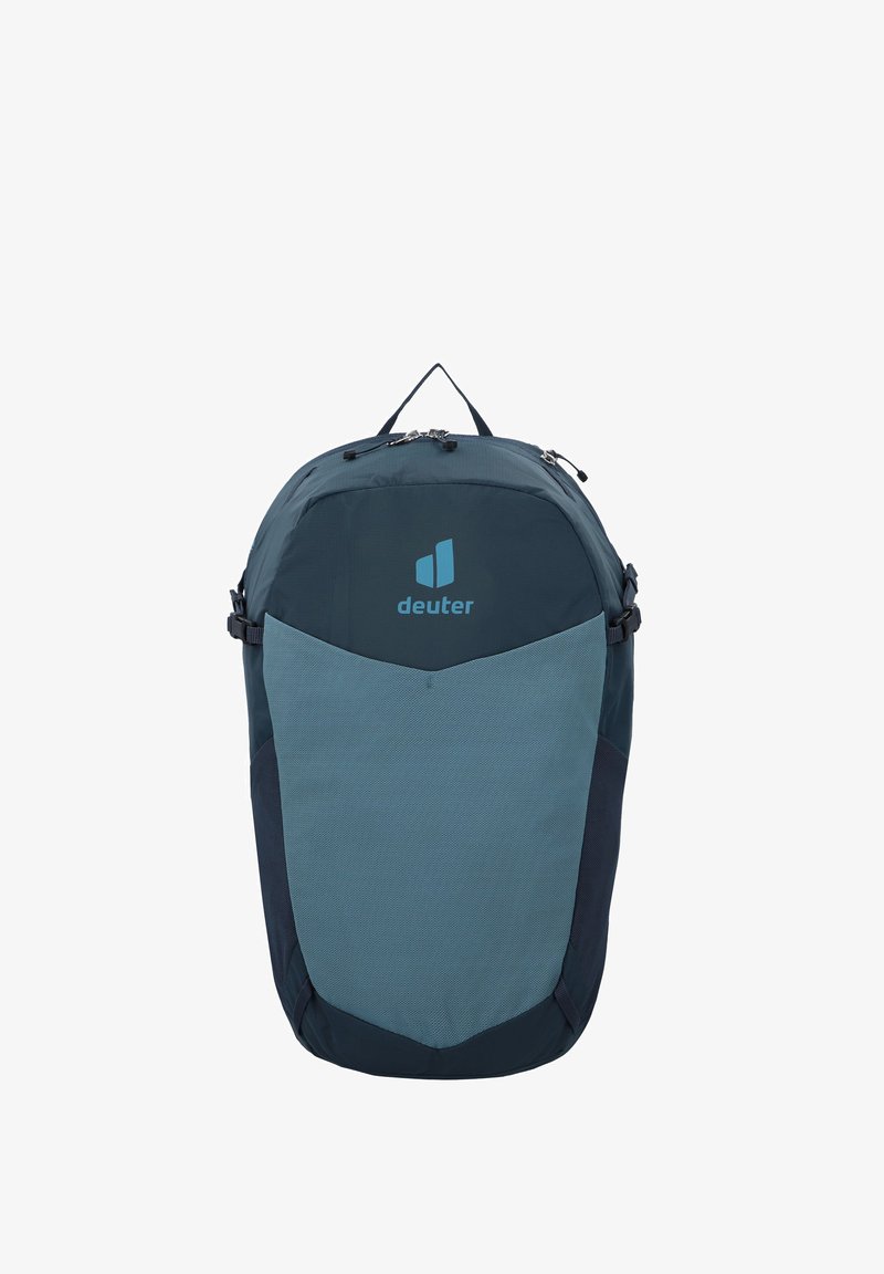 Blå og petrolryggsekk med glatt stoff, en strukturert form, kontrasterende teksturer, doble glidelåser og et håndtak på toppen; har "deuter"-logo.