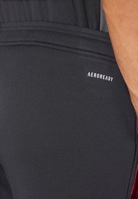Sorte atletiske shorts med en glat tekstur, der har "AEROREADY" logoet i hvid på siden, samt en rød detalje på indersiden.