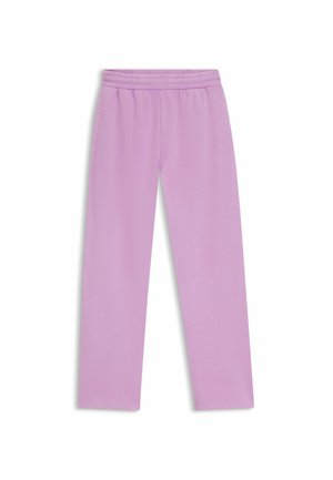 Pantaloni della tuta viola chiaro realizzati in tessuto morbido, con vita elastica, gambe dritte e senza tasche o pattern visibili.