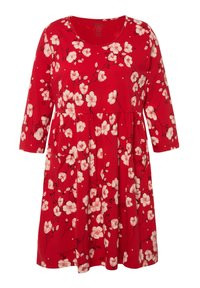 Rotes Kleid mit 3/4-Ärmeln, rundem Ausschnitt, floralem Muster in hellrosa, tailliertem Bund und Taschen. Hergestellt aus weichem, leichtem Stoff.