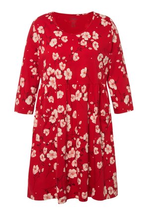 Vestido rojo con mangas de 3/4, escote redondo, patrón floral en rosa claro, cintura ceñida y bolsillos. Hecho de una tela suave y ligera.