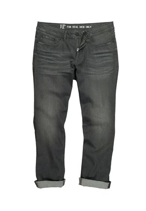 Jeans in denim grigio scuro con taglio dritto, dotati di tasche anteriori, dettagli di cucitura sottili e orli arrotolati.