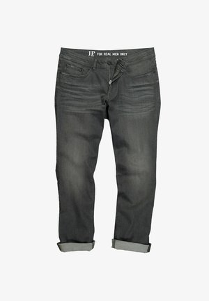Donkergrijze denim jeans met een rechte snit, voorzien van voorzakken, subtiele stikseldetails en opgerolde manchetten aan de onderkant.