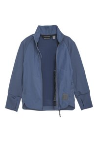 Granatowa kurtka wykonana z miękkiego materiału, z wysokim kołnierzem, zamkiem błyskawicznym oraz elastycznymi mankietami. Charakteryzuje się teksturowanymi panelami i naszywką z logo.