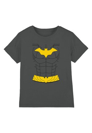 Dark gray short-sleeve shirt with stylized black muscle armor print, yellow bat emblem on chest, and matching yellow utility belt design.