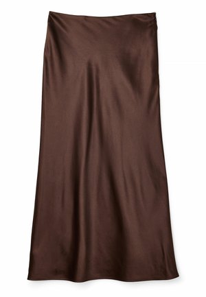 Pruun satiinsalong, pikk ja voolav, millel on sile pind ja kerge läige. Lihtne disain, ilma silmapaistvate mustrite või riistvara. 