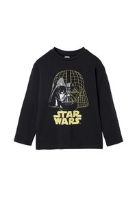 Black long-sleeve T-shirt featuring a graphic of Darth Vader's helmet in grey and yellow, with "STAR WARS" text below. Cotton material.