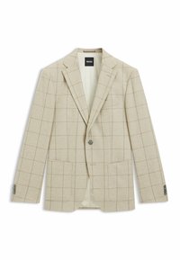 Beige blazer med rutigt mönster, tillverkad av texturerad tyg. Har två framfickor och en enkel knappstängning.