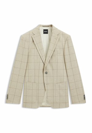 Beige blazer met een geruit patroon, gemaakt van textuurstof. Voorzien van twee voorzakken en een enkele knoopsluiting.