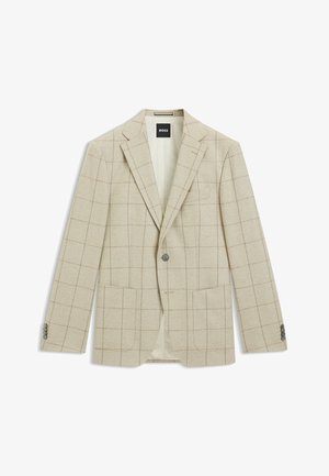 Blazer beige con una fantasia a quadri, realizzato in tessuto testurizzato. Caratterizzato da due tasche anteriori e una chiusura a singolo bottone.
