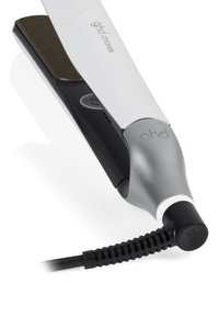 Piastra per capelli con design bianco e argento, piastre in ceramica, bordi arrotondati e cavo testurizzato. Inclusi indicatore luminoso e pulsante di accensione.