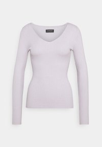 Top a maniche lunghe ribbed di colore viola chiaro, con scollatura a V profonda, forma aderente e texture morbida. Etichetta visibile sul collo.