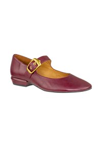 Scarpa Mary Jane in pelle bordeaux con punta rotonda, tacco basso a blocco e cinturino con fibbia dorata. Texture liscia, design minimale.