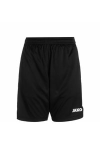 Shorts de sport noirs avec une taille élastique et des poches latérales. Présente un logo "JAKO" blanc sur le côté inférieur droit. Texture du tissu lisse.
