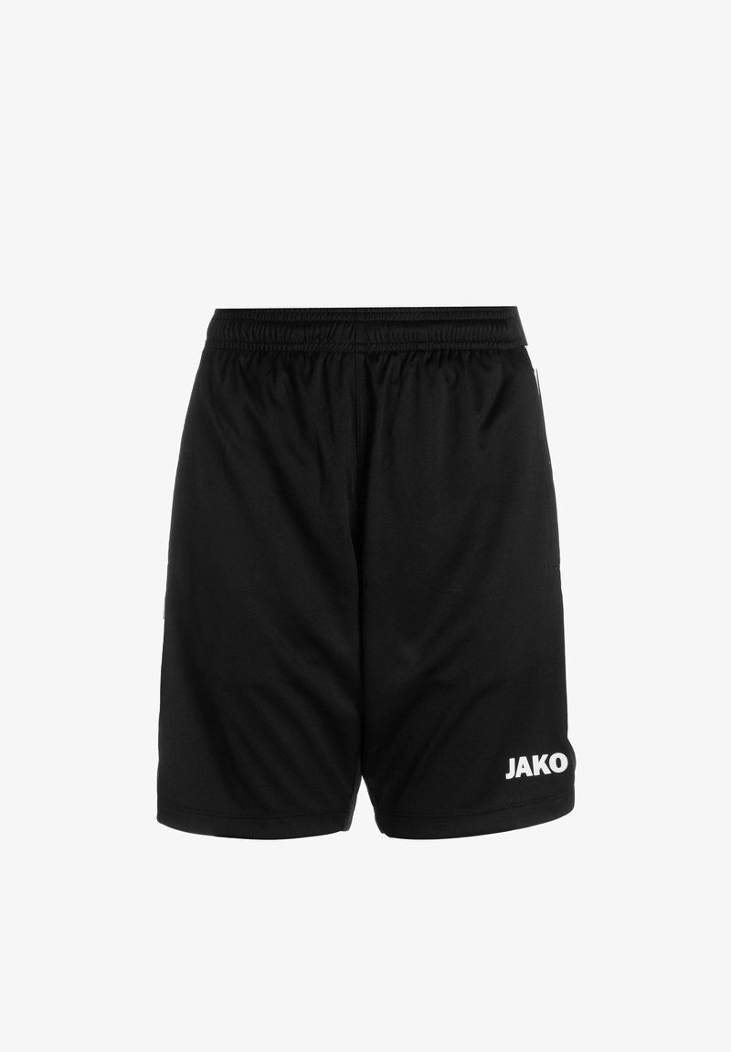 Schwarze Sportshorts mit elastischem Bund und seitlichen Taschen. Auf der unteren rechten Seite befindet sich ein weißes "JAKO"-Logo. Glatte Stoffstruktur.