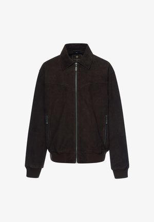 Veste en daim marron foncé avec fermeture éclair à l'avant, deux poches latérales zippées, poignets et col côtelés, présentée sur fond blanc.