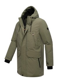 Olivgrön parka med huva, som har flera dragkedjefickor, dragkedjestängning och svarta stickade manschetter. Slät, väderbeständig tyg.