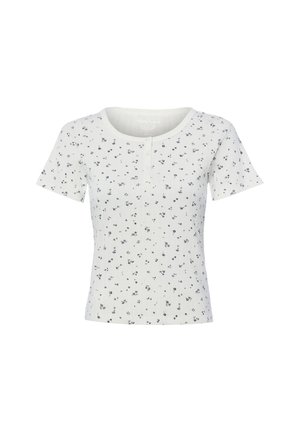 White short-sleeve ribbed top with small black floral print and round neckline with three buttons at the front center.