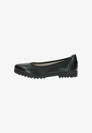 Bailarinas de cuero negro con punta redondeada, acabado texturizado y suela de goma con pequeñas protuberancias para un mejor agarre.