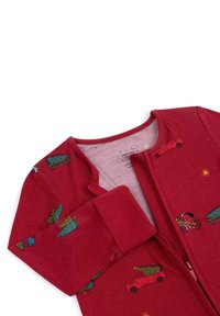 Monos rojo de algodón con cremallera, que presenta un patrón festivo de árboles de Navidad, bicicletas y camiones. Mangas con puños y textura suave.