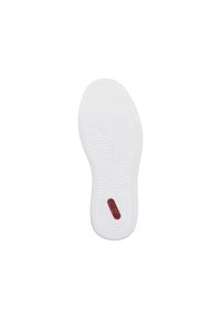Sole di scarpa in gomma bianca con scanalature testurizzate e dettagli del logo rosso, dotata di punta arrotondata e tacco leggermente sollevato per una migliore aderenza.
