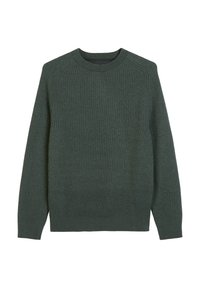 Pulover tricotat de culoare verde închis, cu textură ribbed, guler tip crew și mâneci lungi. Design simplu și croială dreaptă. Fără modele sau accente vizibile.