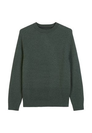 Pull en maille vert foncé avec une texture côtelée, encolure ronde et manches longues. Design simple et coupe droite. Pas de motifs ni d'accents visibles.