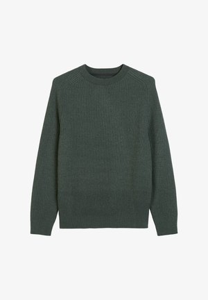 Dark green knitted sweater with a ribbed texture, crew neckline, and long sleeves. Simple design and straight cut. No visible patterns or accents.