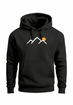 Black hoodie with front pocket, featuring a white minimalist mountain design and an orange sun on the chest.
