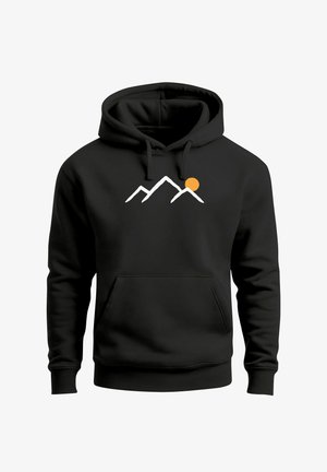 Black hoodie with front pocket, featuring a white minimalist mountain design and an orange sun on the chest.