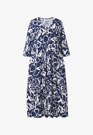 Marineblauwe jurk met wit bloemenpatroon, v-hals, driekwart mouwen en een geplooide taille. Gemaakt van zachte, lichtgewicht stof.