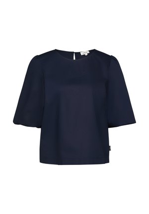 Granatowa bluzka z okrągłym dekoltem, krótkimi bufiastymi rękawami i małym zapięciem na guziczek z tyłu w formie otworu.