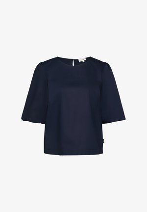 Blouse bleu marine avec encolure ronde, manches courtes bouffantes et petite ouverture avec bouton au dos.