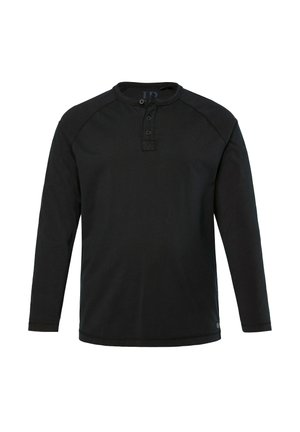 Zwarte lange mouw Henley-shirt met drie knopen en een ronde hals, eenvoudig design en rechte zoom.