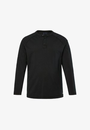Sort langærmet Henley-skjorte med tre knapper og rund halsudskæring, ensfarvet design og lige kant.