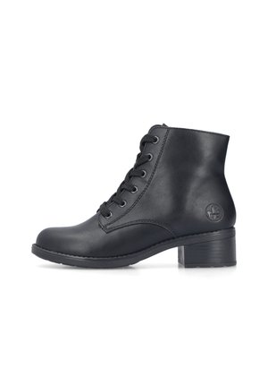 Black leather ankle boot with lace-up front, low block heel, and round toe, shown from the outer side.
