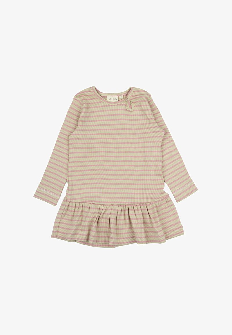 Hosszú ujjú ruha bordás anyagból, világos rózsaszín és krém színű vízszintes csíkokkal, kerek nyakkivágással és redőzött, fodros aljjal.