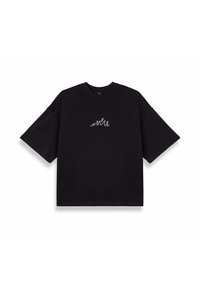 Schwarzes, oversized T-Shirt aus Baumwolle mit kurzen Ärmeln. Verfügt über ein kleines, weißes Wellenmotiv, das auf der Brust gestickt ist. Schlicht und modern geschnitten.