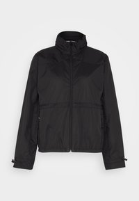 Svart windbreaker-jacka, lätt material, dragkedja framtill, hög krage, justerbara manschetter, två sidofickor, minimalistisk design.