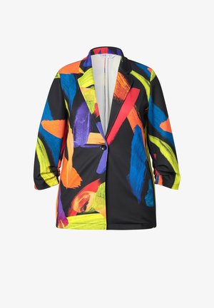 Bunter Blazer aus schwarzem Stoff mit abstrakten Mustern in Orange, Blau, Grün und Lila; hat einen Reverskragen und lange Ärmel.