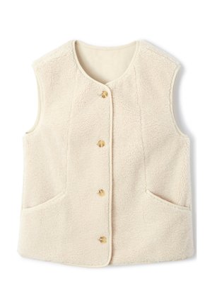Gilet sans manches en polaire de couleur crème avec encolure ronde, boutons sur le devant, deux poches latérales et tissu à texture douce.